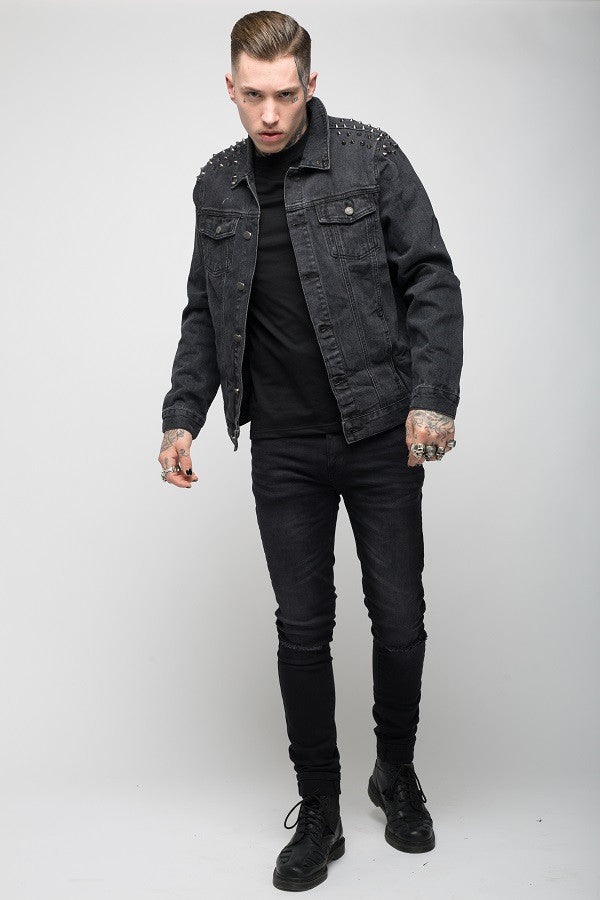 Roadies of 66 - Punk studded denim jacket in washed black