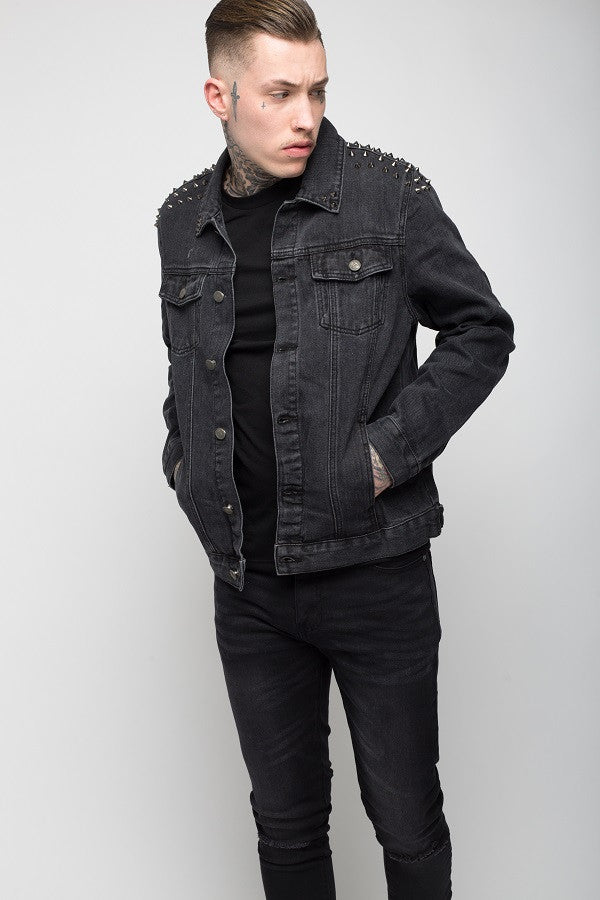 Roadies of 66 - Punk studded denim jacket in washed black