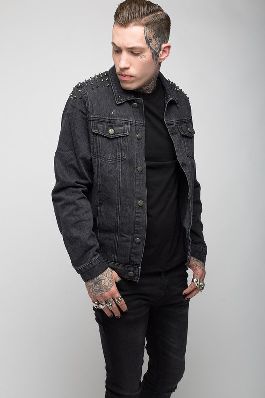 Roadies of 66 - Punk studded denim jacket in washed black