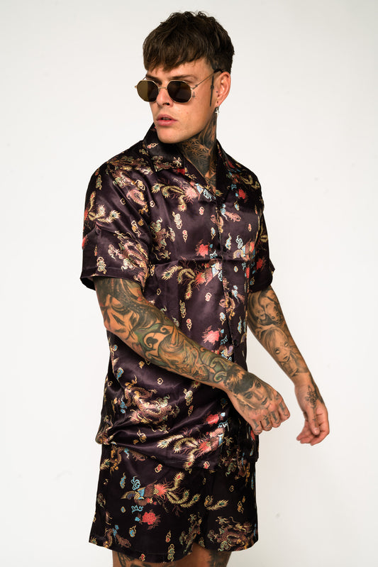 Roadies of 66 - Chinoiserie Print Revere Collar Shorts