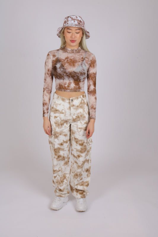 Waved mesh long sleeve top in brown marble tie dye