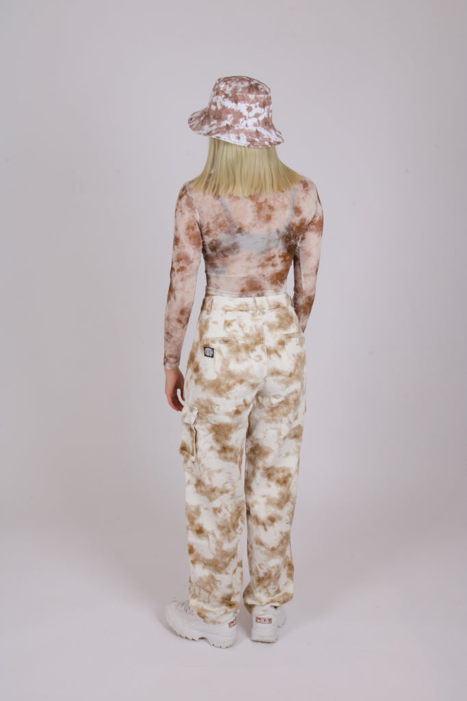 Waved mesh long sleeve top in brown marble tie dye