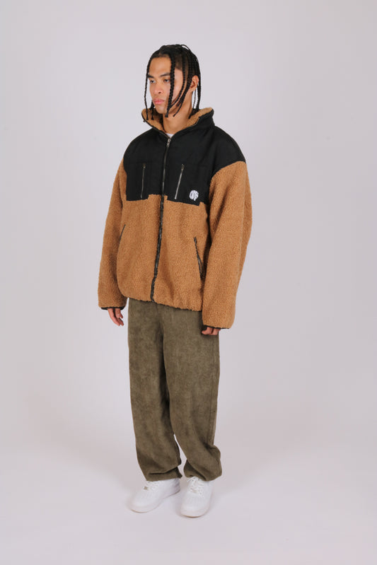 Alaska oversized borg jacket with pocket detail in brown and black