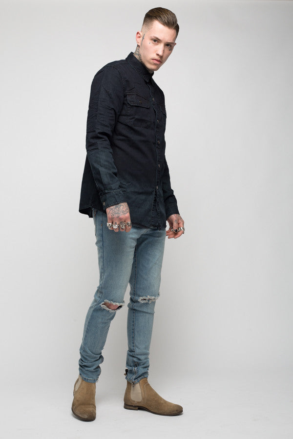 Roadies of 66 - Convict dip dyed washed black denim shirt