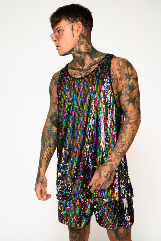 Roadies of 66 Oversized Rainbow Sequin Shorts