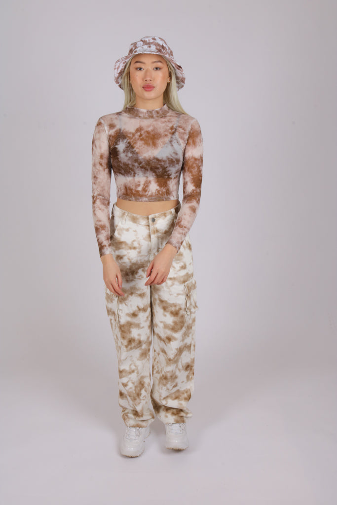 Wavey wide leg cargo jeans in brown tie dye