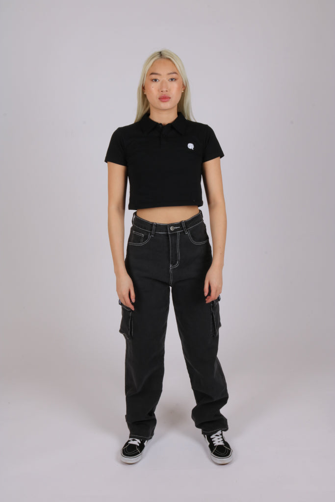 Lets live cropped black short sleeve polo shirt in black