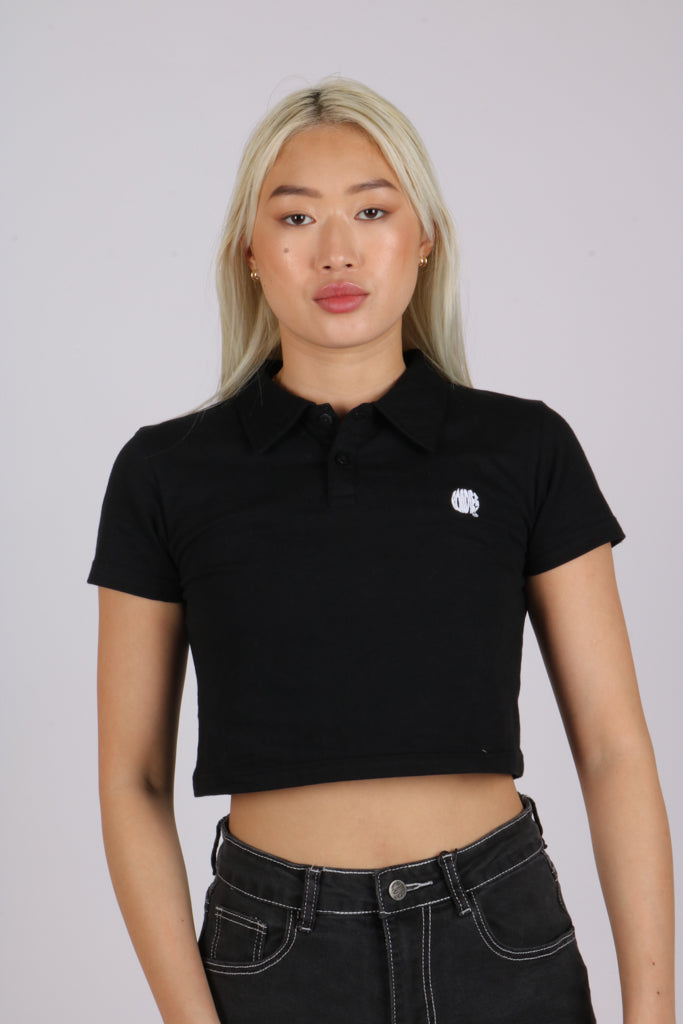 Lets live cropped black short sleeve polo shirt in black